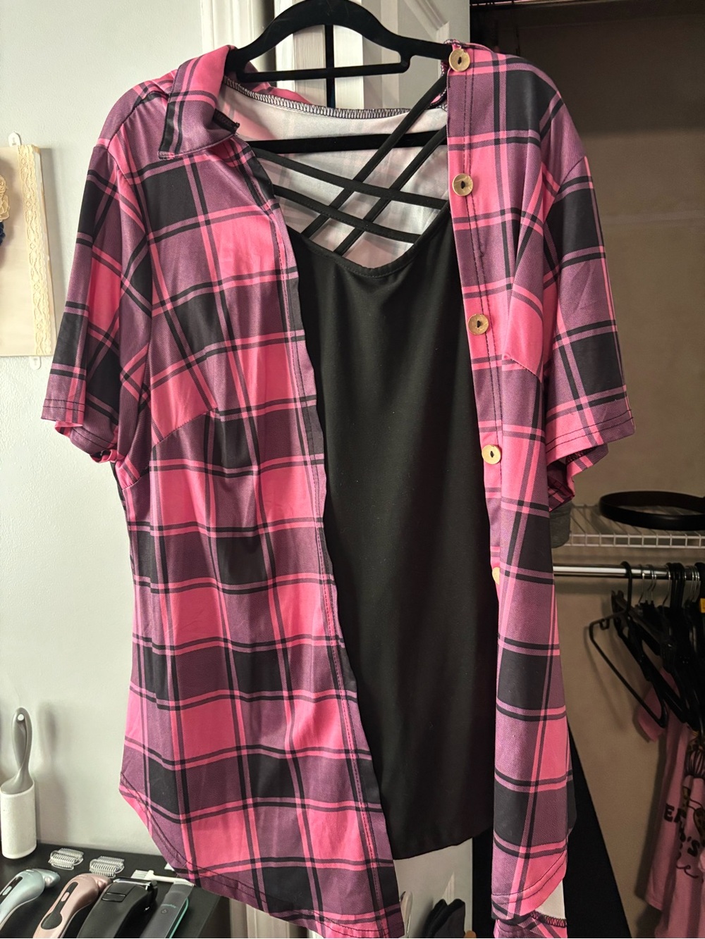 SHEIN Pink Plaid Short-Sleeve Button Shirt with Black Strappy Tank